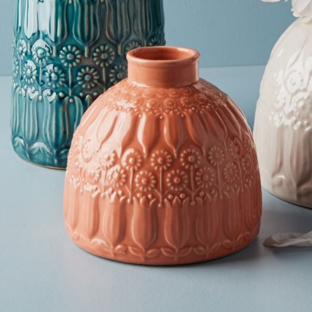 Anthropologie Textured Vase Trio - Teal, Coral, and Cream